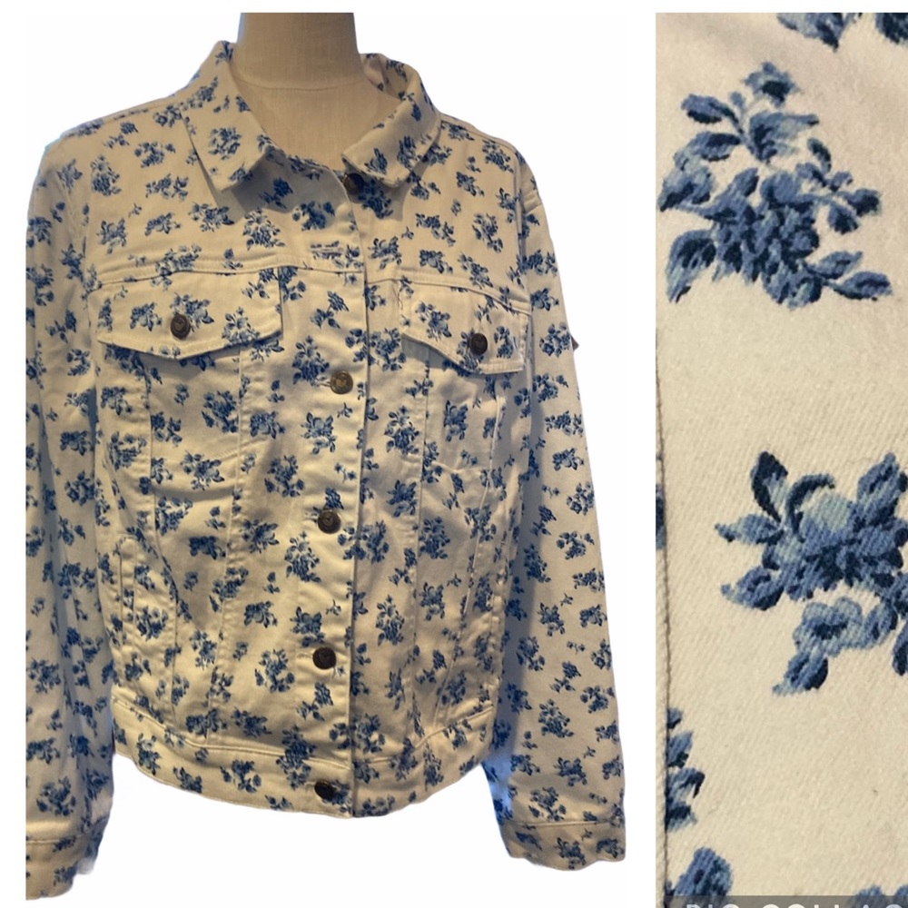 WOMAN WITHIN 22W China WHT&blue floral Jean jacket